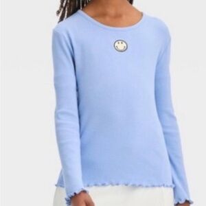 EUC Girls Long Sleeve T-shirt Blue Smiley Face Size Medium
